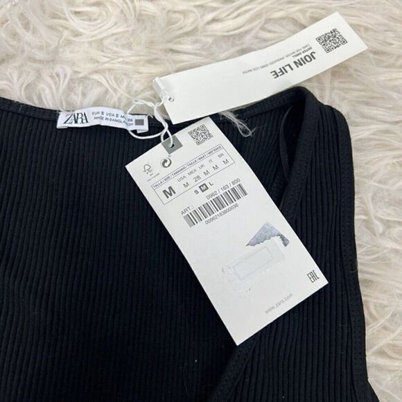 Zara Women’s NWT Black Ribbed V-Neck Crop Top Long Tie Up Shirt Sleeveless S/M - Picture 7 of 10